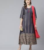 Grey printed cotton ethnic-dress & dupatta