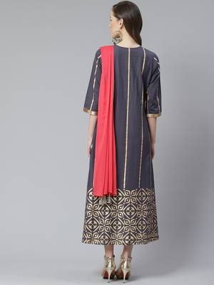 Grey printed cotton ethnic-dress & dupatta 2