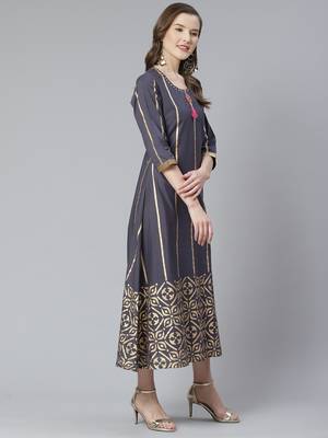 Grey printed cotton ethnic-dress & dupatta 3
