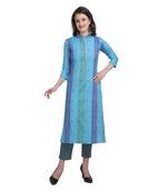 Sky-blue printed cotton ethnic-kurtis
