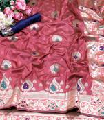 Rust woven banarasi silk saree with blouse