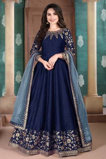 Navy-blue embroidered silk salwar