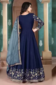 Navy-blue embroidered silk salwar