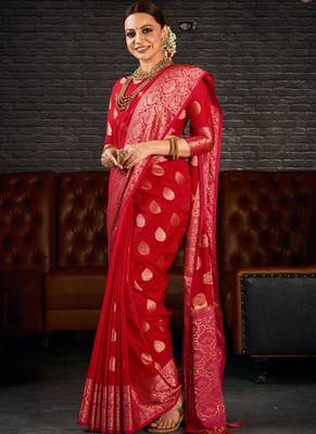 Red woven art silk sarees saree with blouse 3