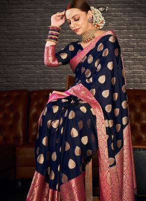 Blue woven art silk sarees saree with blouse 3