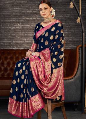 Blue woven art silk sarees saree with blouse 4
