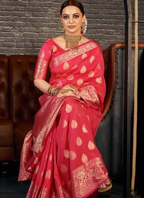 Dark pink woven art silk sarees saree with blouse 3