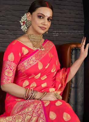 Dark pink woven art silk sarees saree with blouse 4