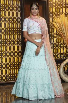 Sky-blue embroidered cotton Bridal lehenga