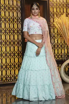 Sky-blue embroidered cotton Bridal lehenga