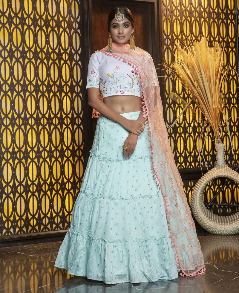 Sky-blue embroidered cotton Bridal lehenga