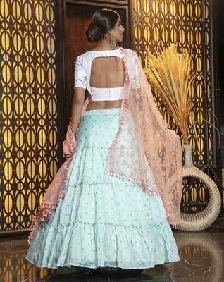 Sky-blue embroidered cotton Bridal Lehenga 3