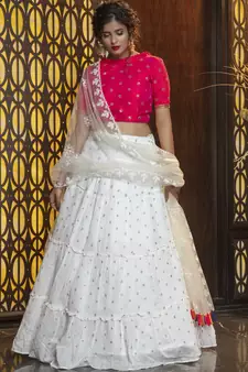 White embroidered cotton semi stitched Bridal lehenga