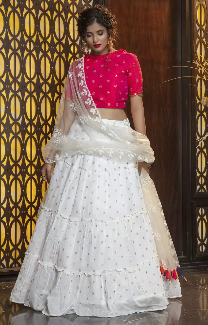 White embroidered cotton semi stitched Bridal lehenga