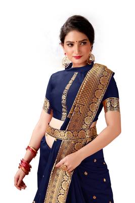 Navy blue woven art silk saree with blouse 3
