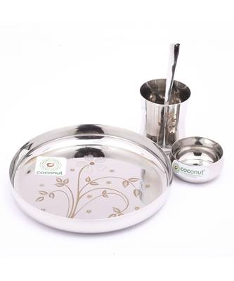 Kids Laser Dinner Set (1-Plate ,1-Glass , 1-Bowl & 1- Spoon) 4 Pieces - Silver , Diameter - 7.5 Inches 1