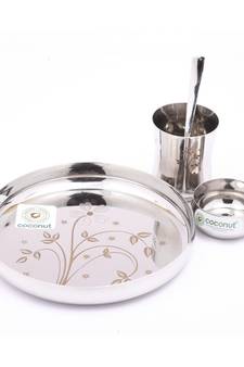 Kids Laser Dinner Set (1-Plate ,1-Glass , 1-Bowl & 1- Spoon) 4 Pieces - Silver , Diameter - 7.5 Inches