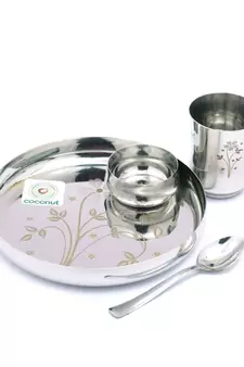 Kids Laser Dinner Set (1-Plate ,1-Glass , 1-Bowl & 1- Spoon) 4 Pieces - Silver , Diameter - 7.5 Inches