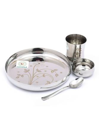 Kids Laser Dinner Set (1-Plate ,1-Glass , 1-Bowl & 1- Spoon) 4 Pieces - Silver , Diameter - 7.5 Inches 3