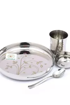 Kids Laser Dinner Set (1-Plate ,1-Glass , 1-Bowl & 1- Spoon) 4 Pieces - Silver , Diameter - 7.5 Inches
