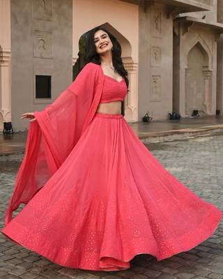Gajri Pink thread embroidered georgette indian party wear Lehenga 1