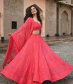 Gajri Pink thread embroidered georgette indian party wear Lehenga