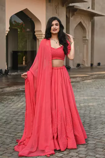 Gajri Pink thread embroidered georgette indian party wear Lehenga