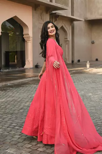 Gajri Pink thread embroidered georgette indian party wear Lehenga