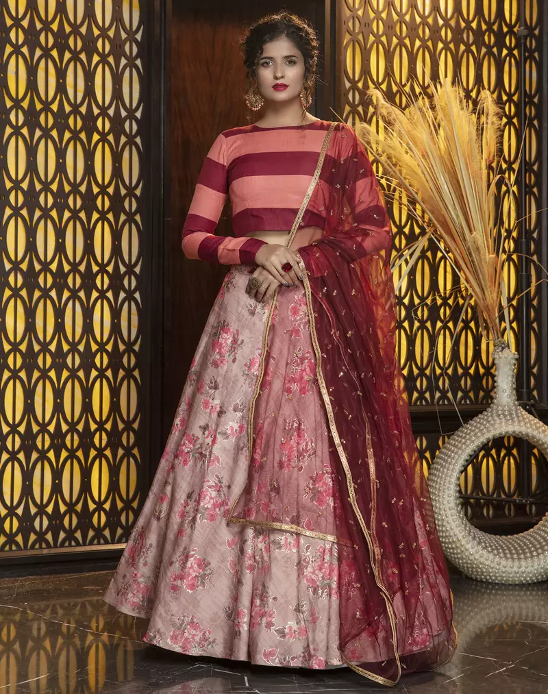 Pink embroidered rayon Bridal lehenga