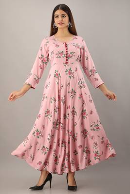 Pink printed viscose rayon maxi-dresses 1
