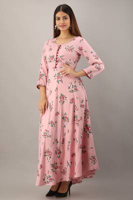 Pink printed viscose rayon maxi-dresses 2