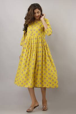 Yellow printed viscose rayon maxi-dresses 1