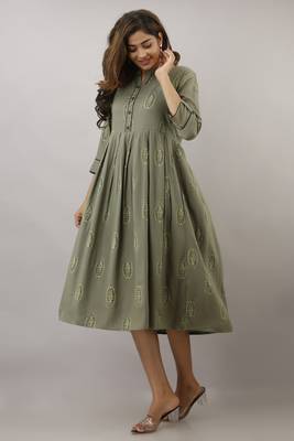 Green printed viscose rayon maxi-dresses 1