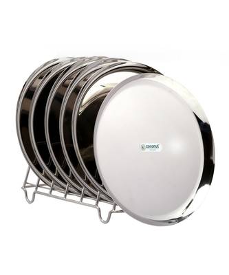 coconut Stainless Steel Plain Saffron Round Plates/Thali Diameter 22 Cms - 6 Units 1