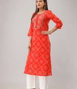 Orange Colored Embroidered Work Cotton Kurta
