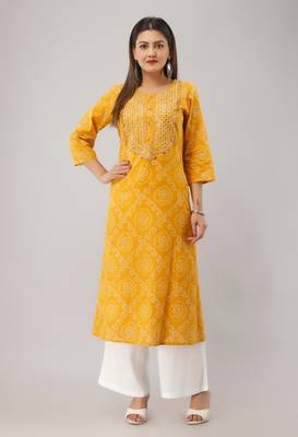 Yellow Colored Embroidered Work Cotton Kurta 1
