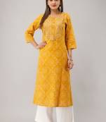Yellow Colored Embroidered Work Cotton Kurta