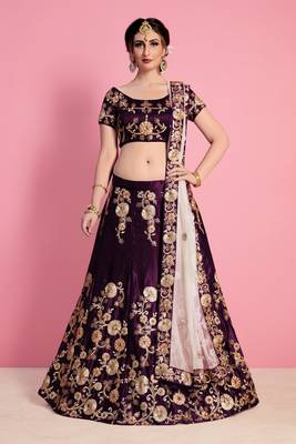Purple embroidered velvet semi stitched lehenga 1