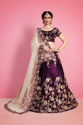 Purple embroidered velvet semi stitched lehenga 2