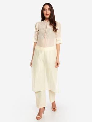 Offwhite poly chanderi  chinese collared Party wear kurta with copper embroidery 1
