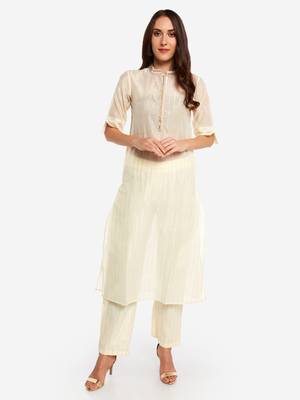 Offwhite poly chanderi  chinese collared Party wear kurta with copper embroidery 2