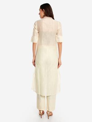 Offwhite poly chanderi  chinese collared Party wear kurta with copper embroidery 3