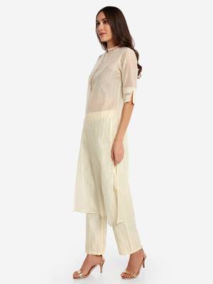 Offwhite poly chanderi  chinese collared Party wear kurta with copper embroidery 4