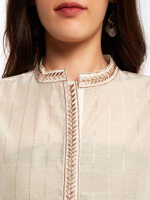 Offwhite poly chanderi  chinese collared Party wear kurta with copper embroidery 5