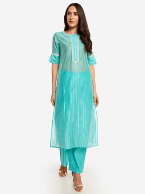 Sea Blue chinese collared Party wear kurta with copper embroidery 1