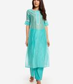 Sea Blue chinese collared Party wear kurta with copper embroidery