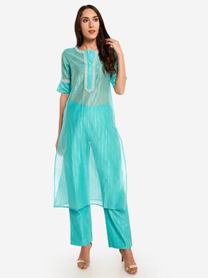 Sea Blue chinese collared Party wear kurta with copper embroidery 2