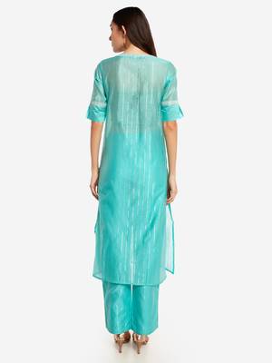 Sea Blue chinese collared Party wear kurta with copper embroidery 3