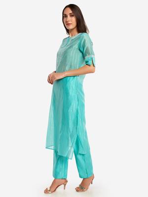 Sea Blue chinese collared Party wear kurta with copper embroidery 4
