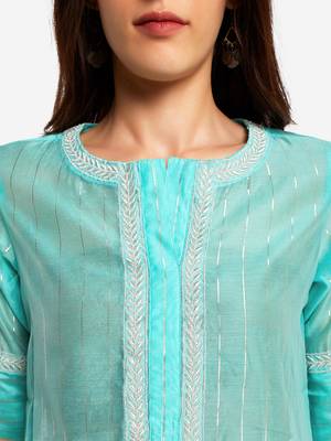 Sea Blue chinese collared Party wear kurta with copper embroidery 5